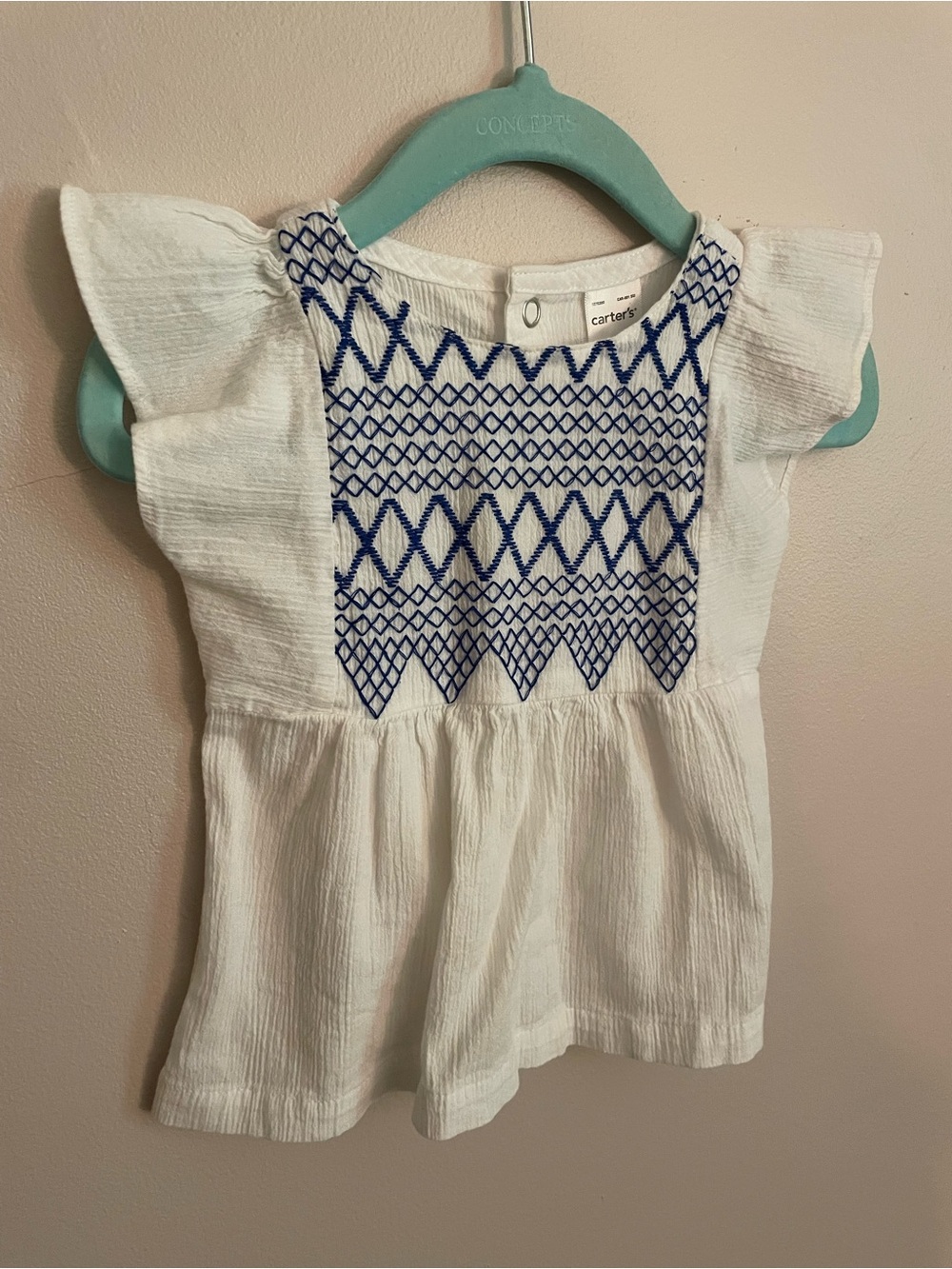 Carter's White Top with Blue Embroidered Front and Flutter Sleeves